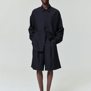 Black Striped Wool Elastic Cuff Shirt
