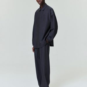 Grey Striped Wool Wide Leg Drawstring Pants