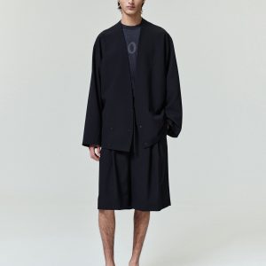Wool Ripstop Relaxed Cropped Lapelless Jacket