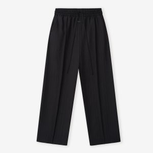 Black Striped Wool Wide Leg Drawstring Pants